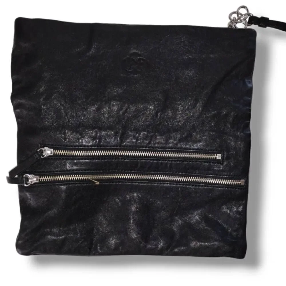 Bag Black Leather Clutch Purse‎ Silver Chain Shoulder Bag Classicore Gothcore